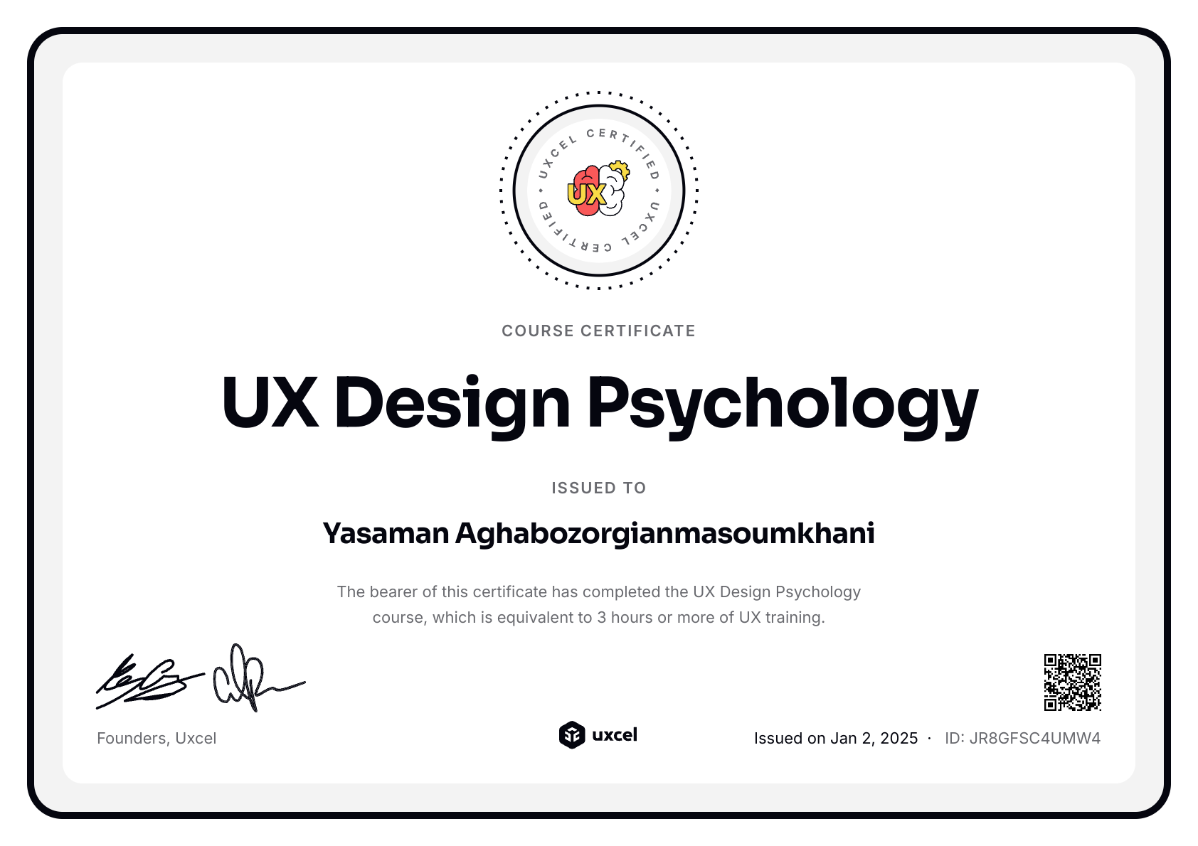 Yasaman Aghabozorgianmasoumkhani's certificate